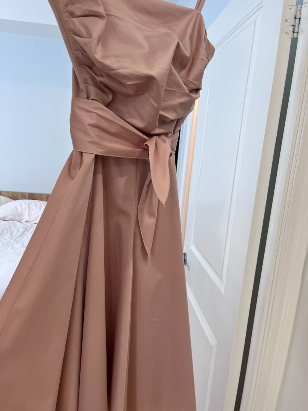 Blush Pink Cotton Fit & Flare Midi Dress Draped Bodice, Tara Jarmon, FR 40, US 8 - Picture 7 of 14